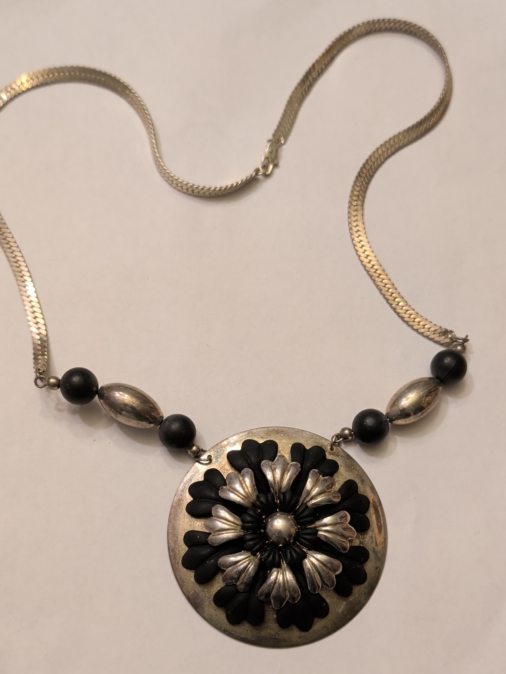 Vintage Silver Tone and Black Floral Chunky Medallion Necklace